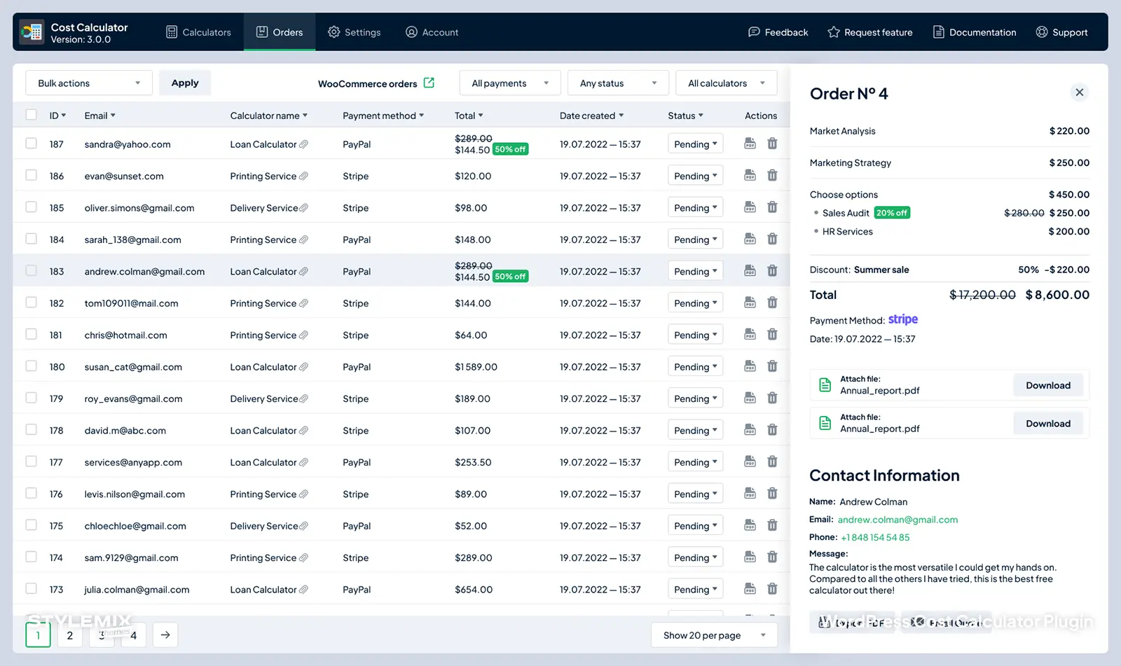 StylemixThemes Cost Calculator Orders Screen