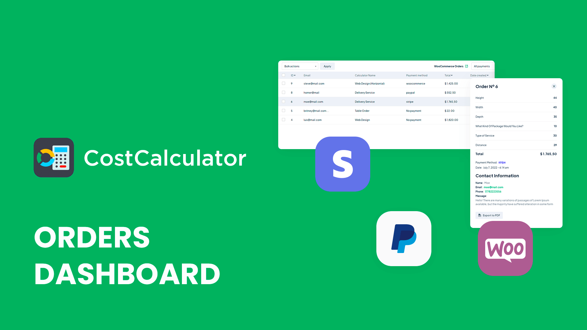 Cost Calculator Orders Dashboard